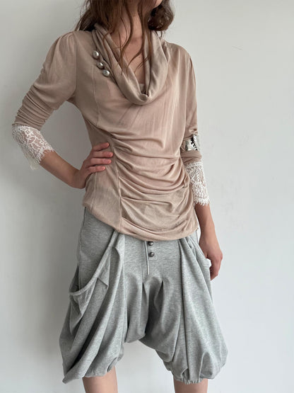 DoublePunch Romantic Lace Panel Ruched Cowl Neck Puff Sleeve Lyocell Women&