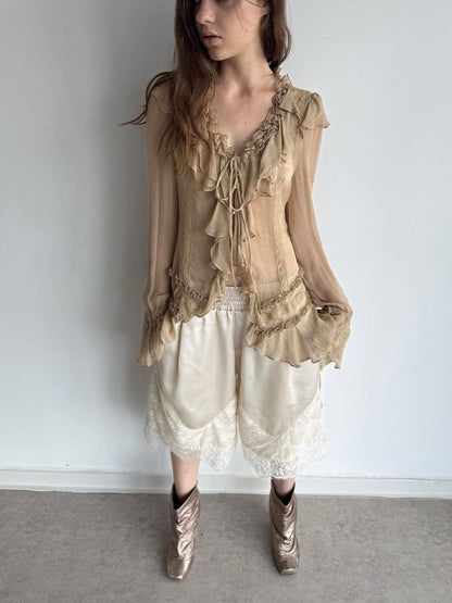 DoublePunch Satin Lace Paneled Elastic Waist Wide Leg Women&