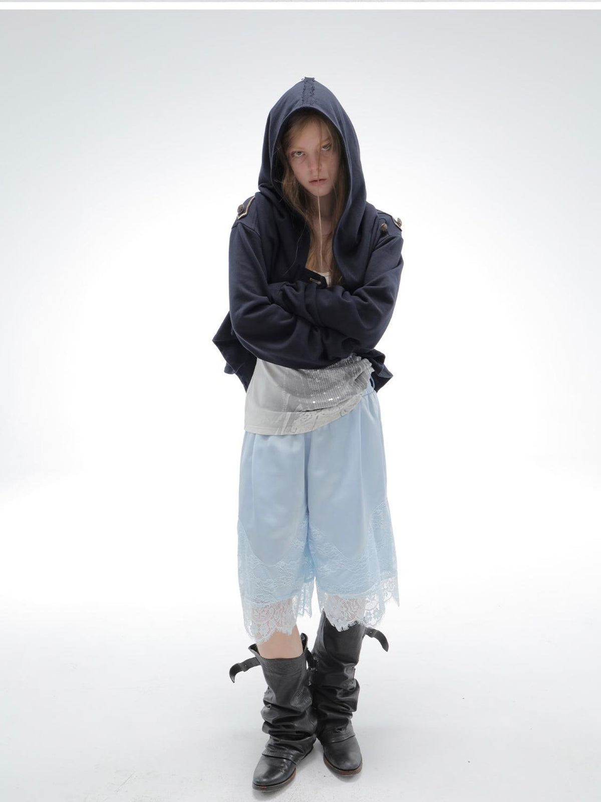 DoublePunch Satin Lace Paneled Elastic Waist Wide Leg Women&