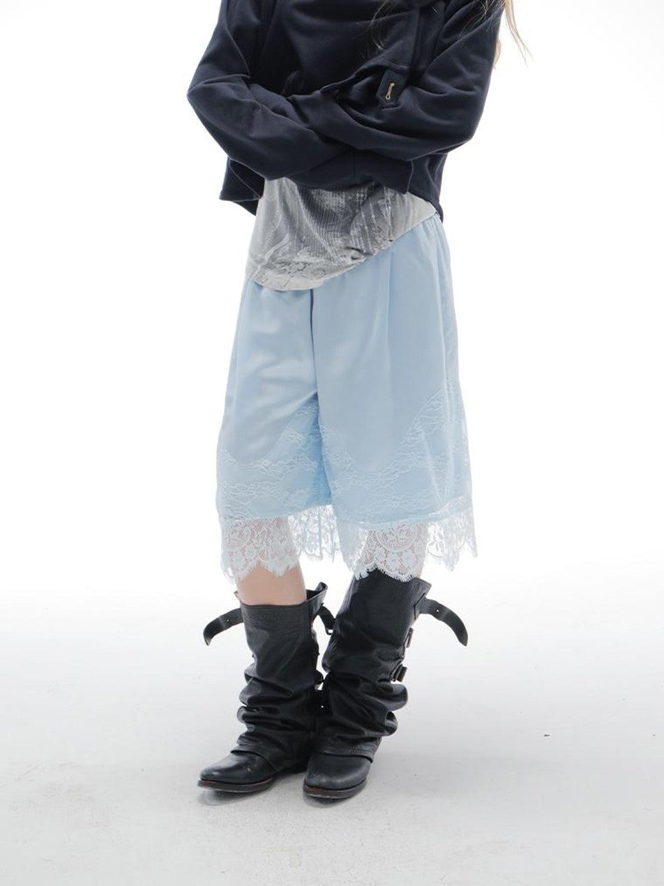 DoublePunch Satin Lace Paneled Elastic Waist Wide Leg Women&
