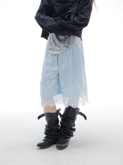 DoublePunch Satin Lace Paneled Elastic Waist Wide Leg Women&