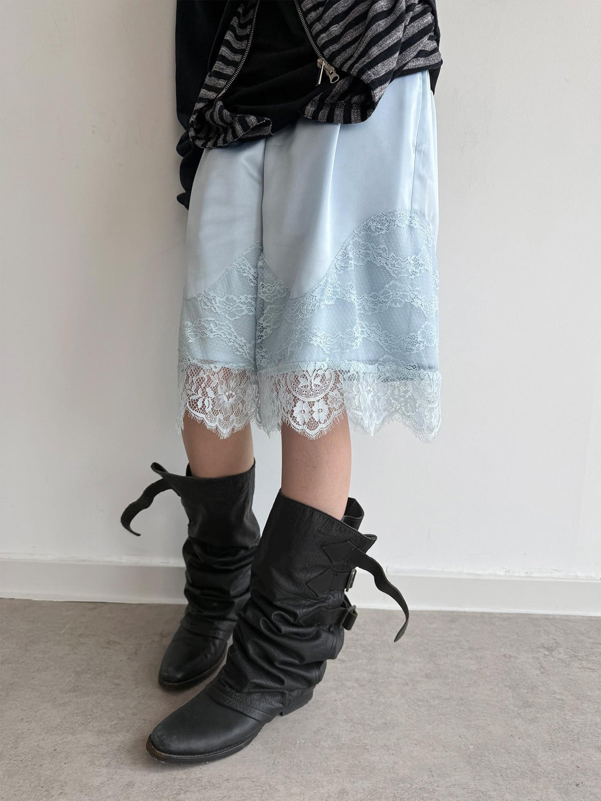 DoublePunch Satin Lace Paneled Elastic Waist Wide Leg Women&