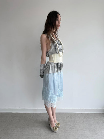 DoublePunch Satin Lace Paneled Elastic Waist Wide Leg Women&