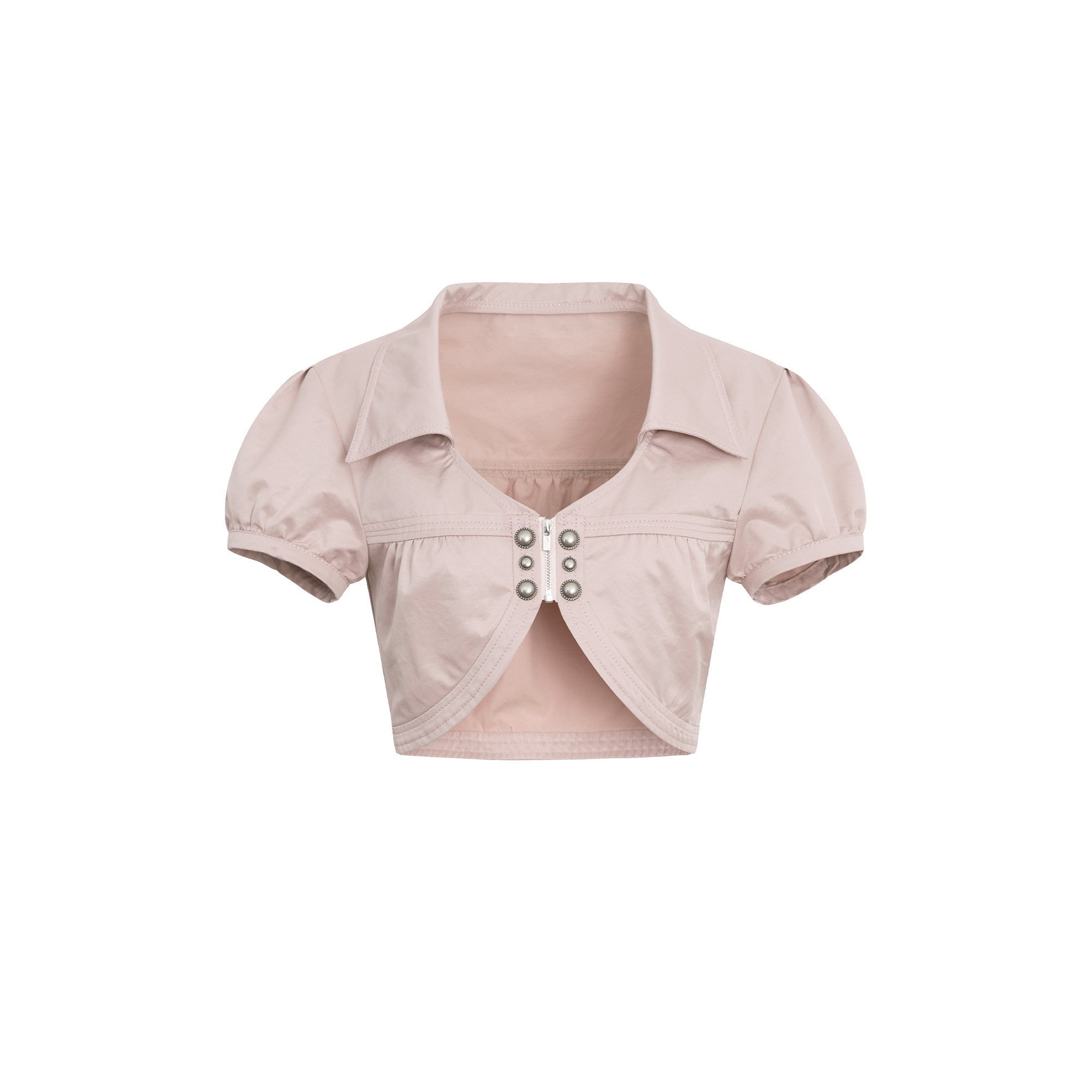 DoublePunch_Satin_V-neck_Metal_Button_Layered_Puff_Sleeve_Women&