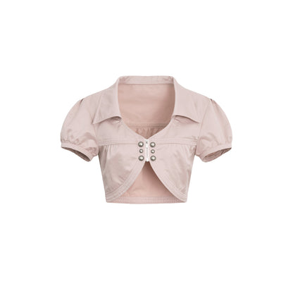 DoublePunch_Satin_V-neck_Metal_Button_Layered_Puff_Sleeve_Women&