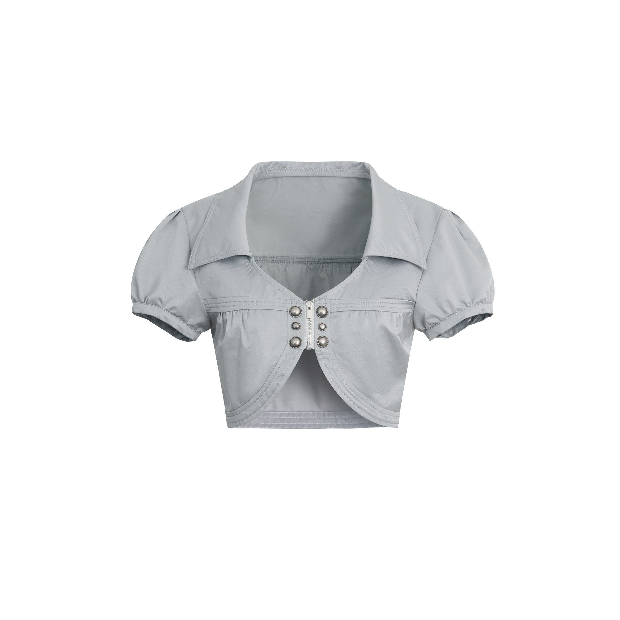 DoublePunch_Satin_V-neck_Metal_Button_Layered_Puff_Sleeve_Women&