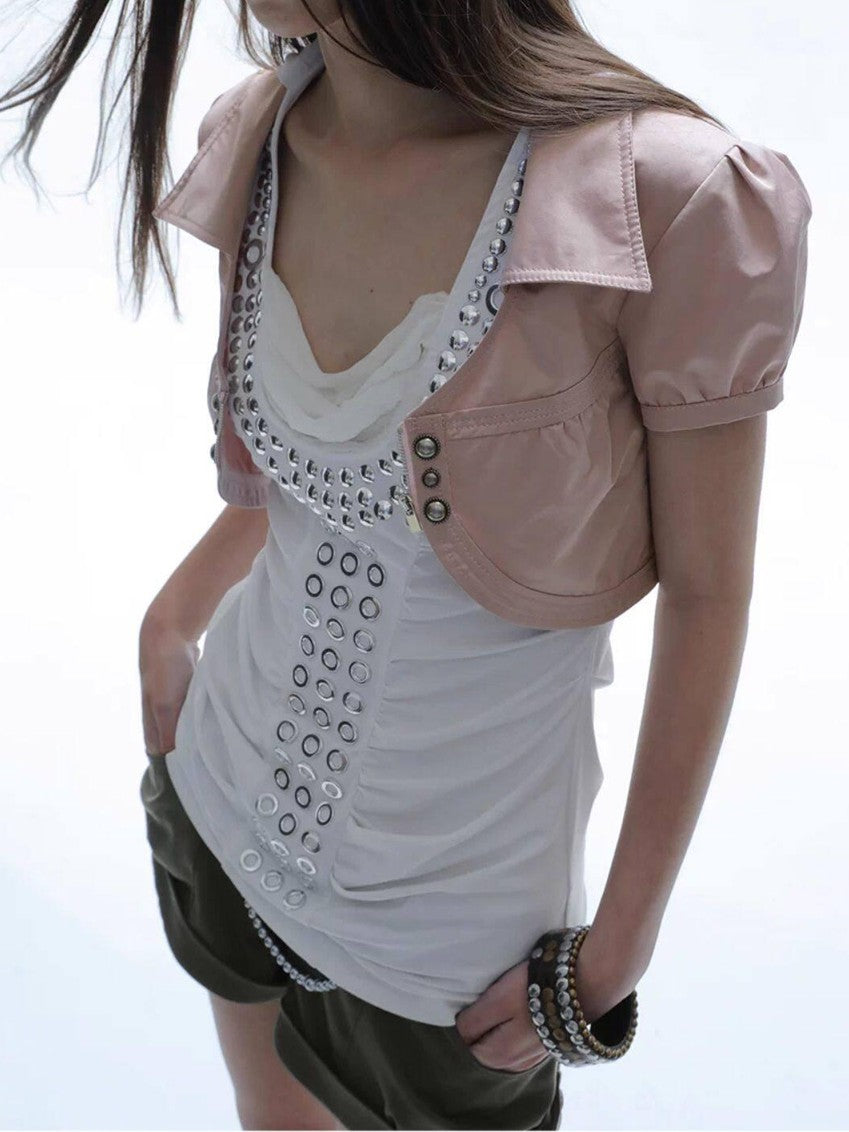 DoublePunch Satin V-neck Metal Button Layered Puff Sleeve Women&