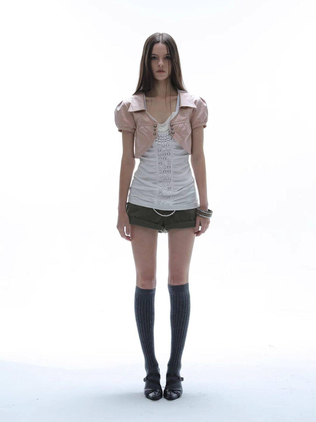DoublePunch Satin V-neck Metal Button Layered Puff Sleeve Women&