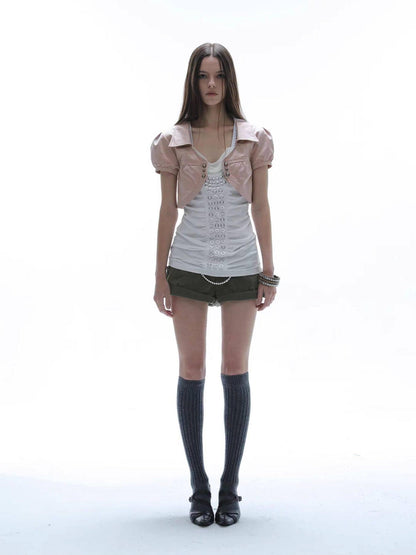 DoublePunch Satin V-neck Metal Button Layered Puff Sleeve Women&