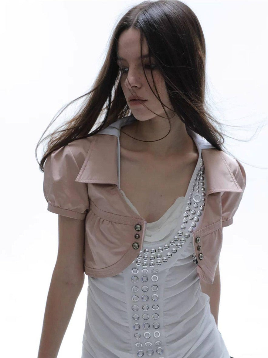 DoublePunch Satin V-neck Metal Button Layered Puff Sleeve Women&