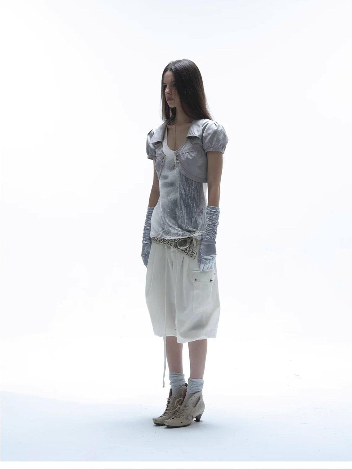DoublePunch Satin V-neck Metal Button Layered Puff Sleeve Women&