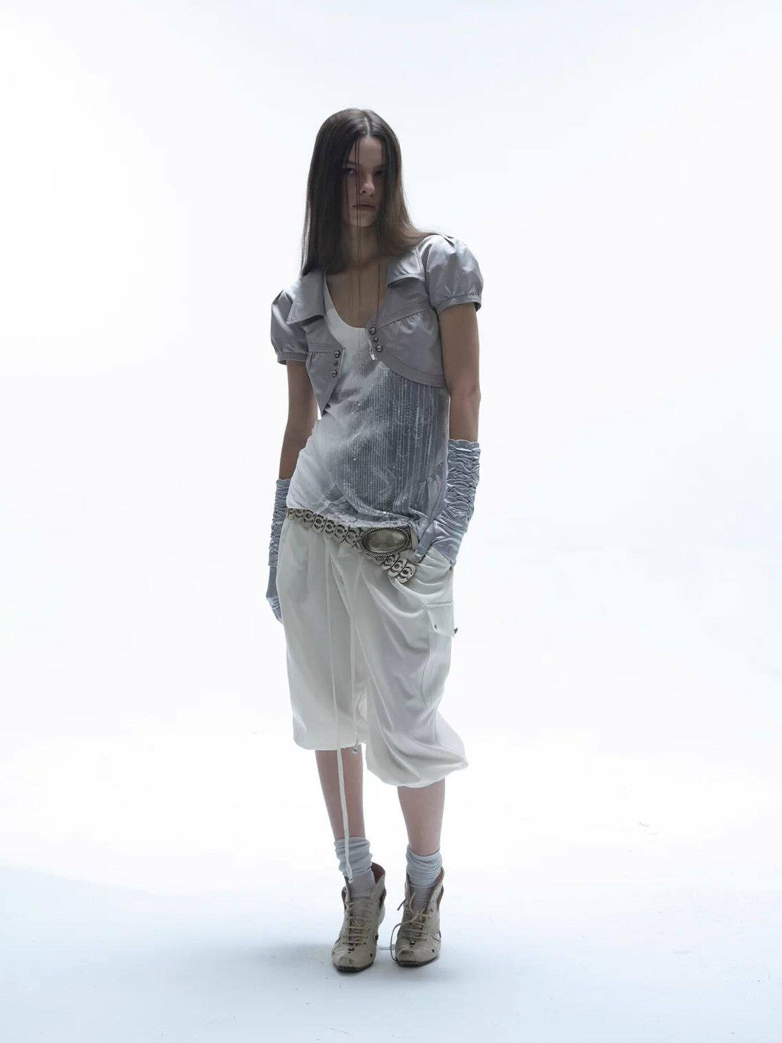 DoublePunch Satin V-neck Metal Button Layered Puff Sleeve Women&