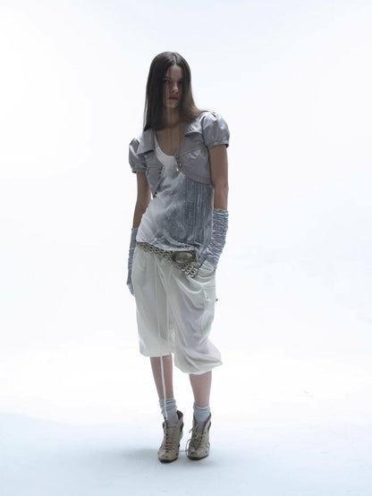 DoublePunch Satin V-neck Metal Button Layered Puff Sleeve Women&