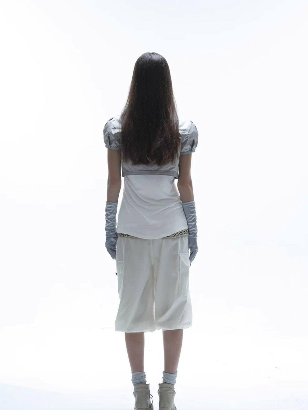 DoublePunch Satin V-neck Metal Button Layered Puff Sleeve Women&