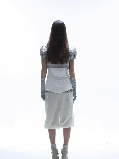 DoublePunch Satin V-neck Metal Button Layered Puff Sleeve Women&