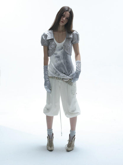 DoublePunch Satin V-neck Metal Button Layered Puff Sleeve Women&
