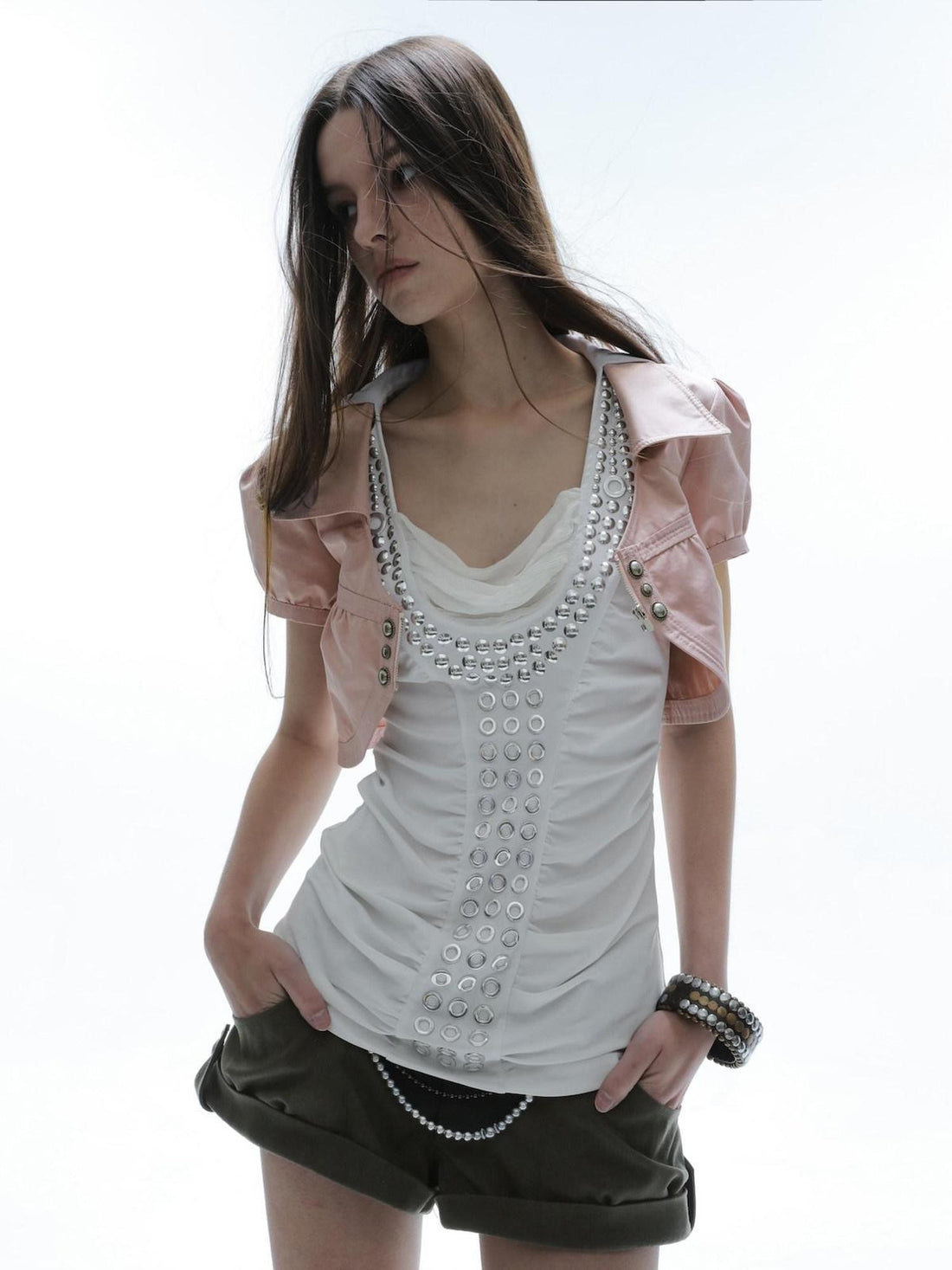 DoublePunch Satin V-neck Metal Button Layered Puff Sleeve Women&