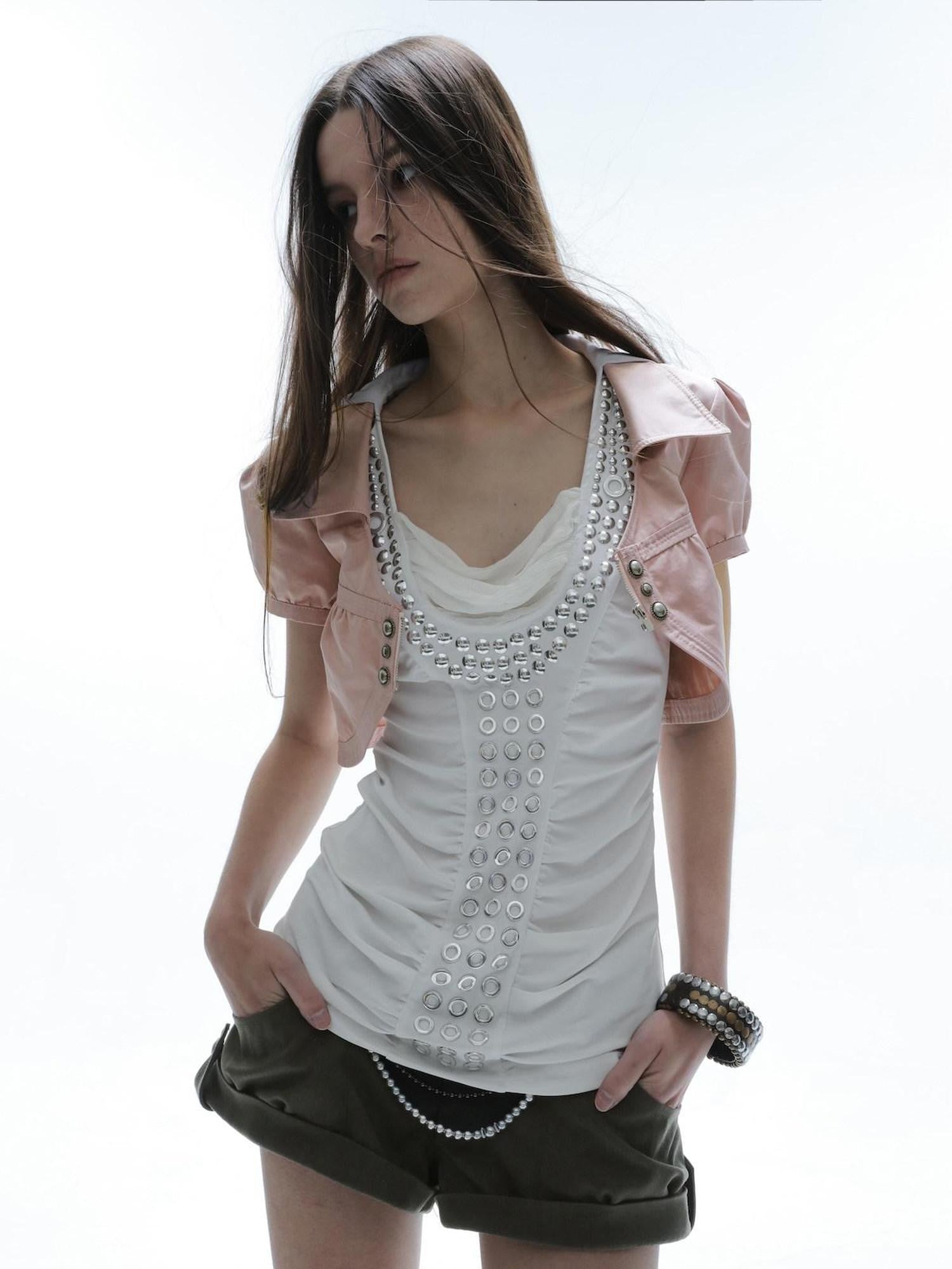 DoublePunch Satin V-neck Metal Button Layered Puff Sleeve Women&