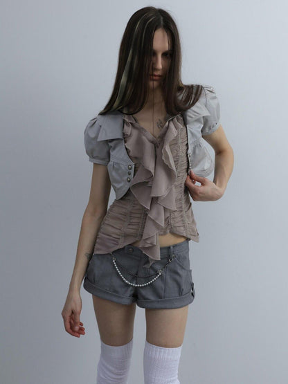 DoublePunch Satin V-neck Metal Button Layered Puff Sleeve Women&
