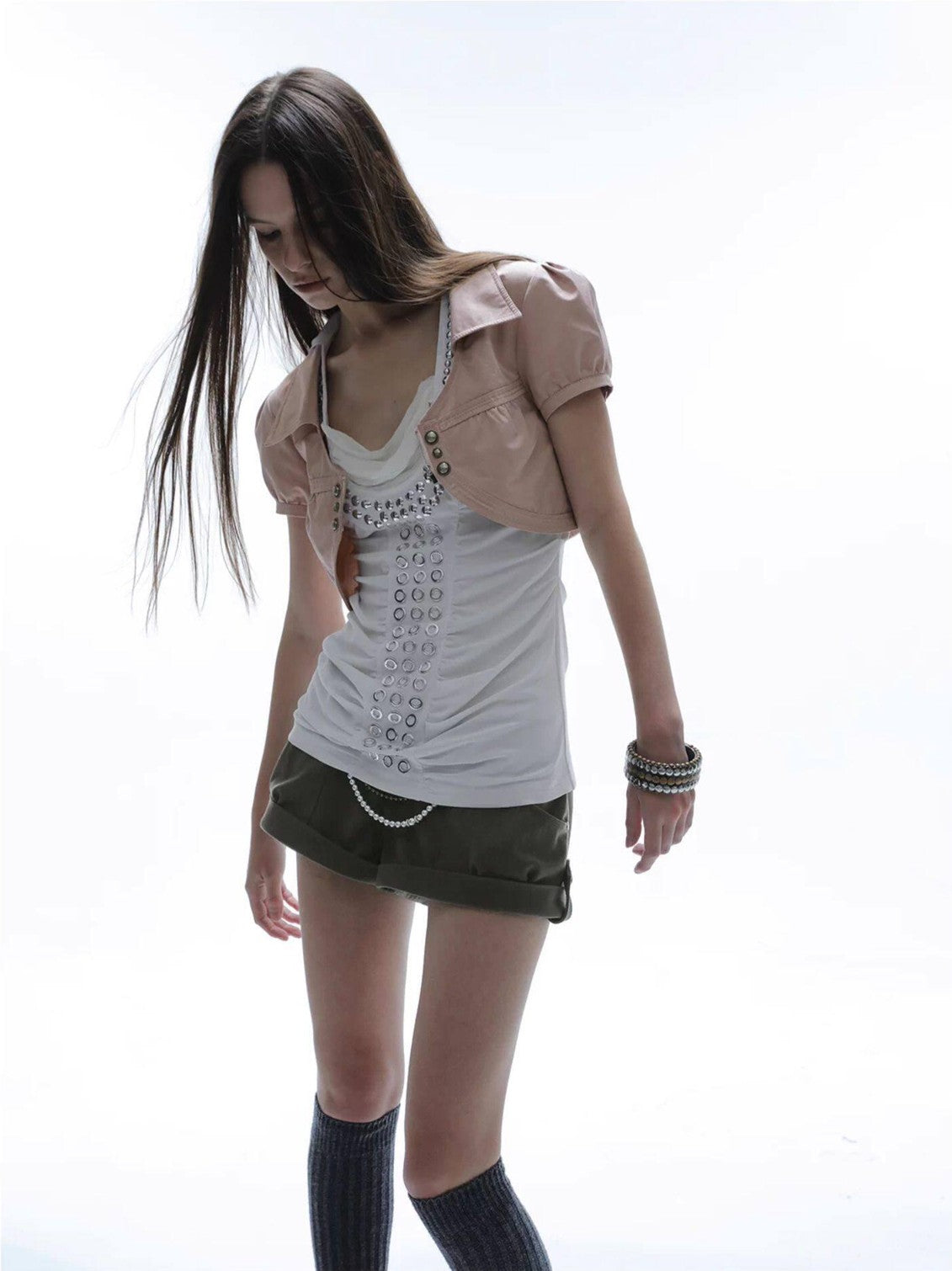 DoublePunch Satin V-neck Metal Button Layered Puff Sleeve Women&