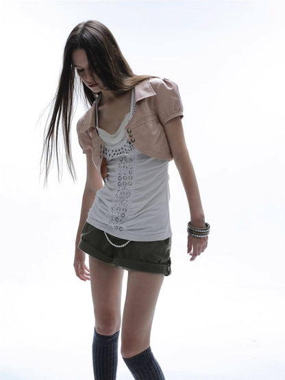 DoublePunch Satin V-neck Metal Button Layered Puff Sleeve Women&