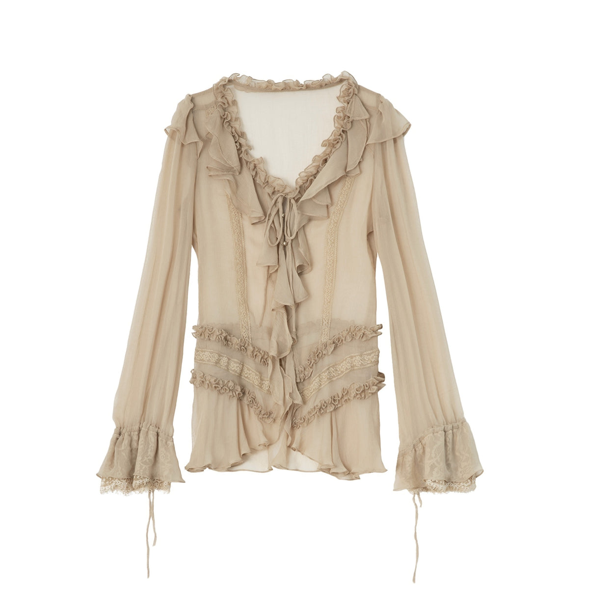 DoublePunch_Sheer_Ruffled_Lace_Up_Pleated_Long_Sleeve_V-neck_Women&