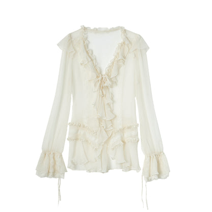 DoublePunch_Sheer_Ruffled_Lace_Up_Pleated_Long_Sleeve_V-neck_Women&