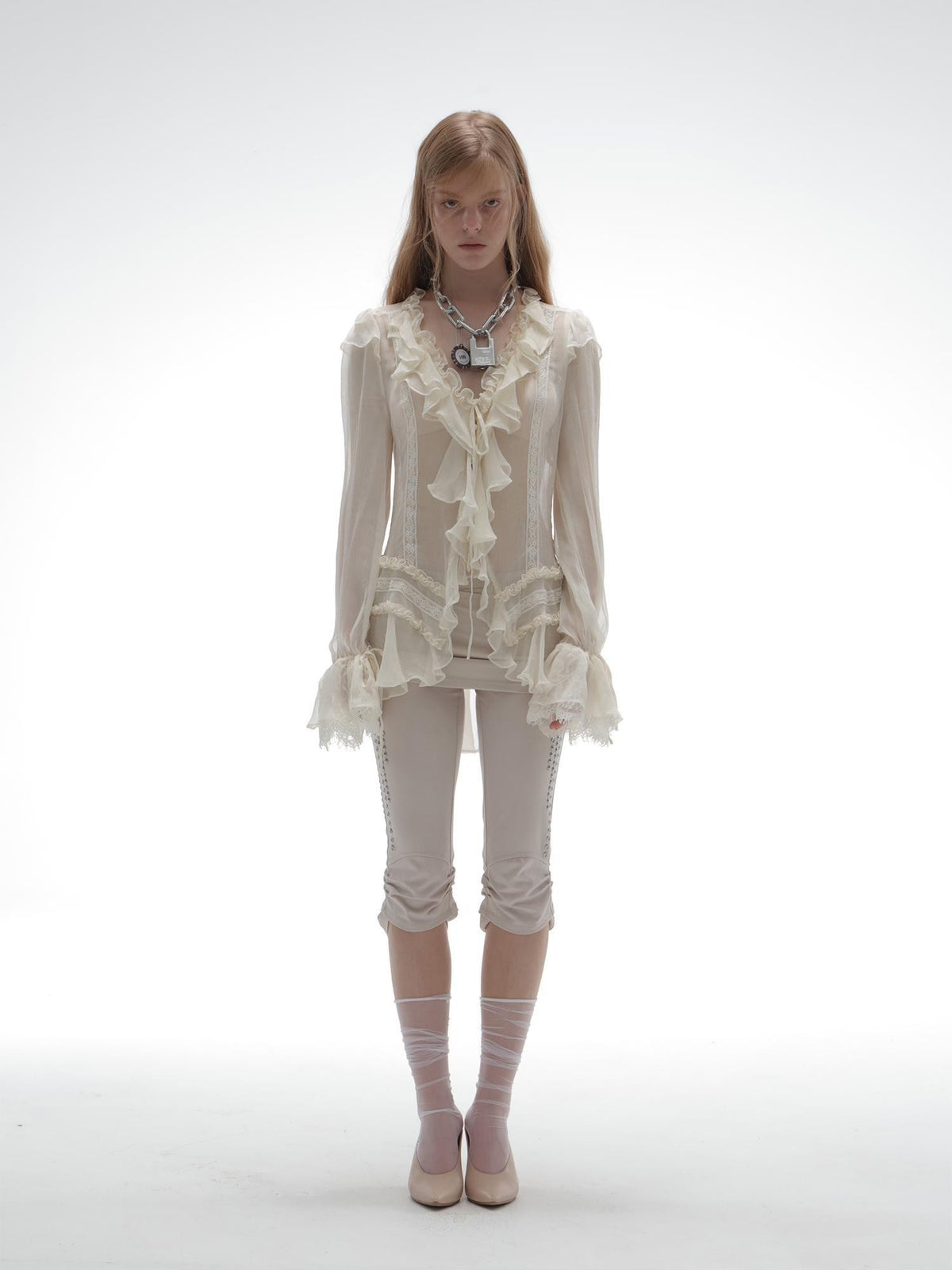 DoublePunch Sheer Ruffled Lace Up Pleated Long Sleeve V-neck Women&