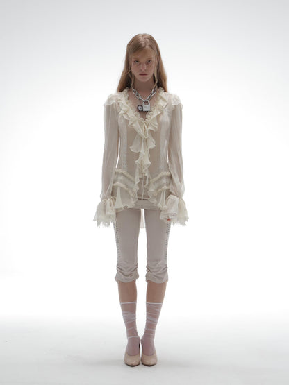 DoublePunch Sheer Ruffled Lace Up Pleated Long Sleeve V-neck Women&