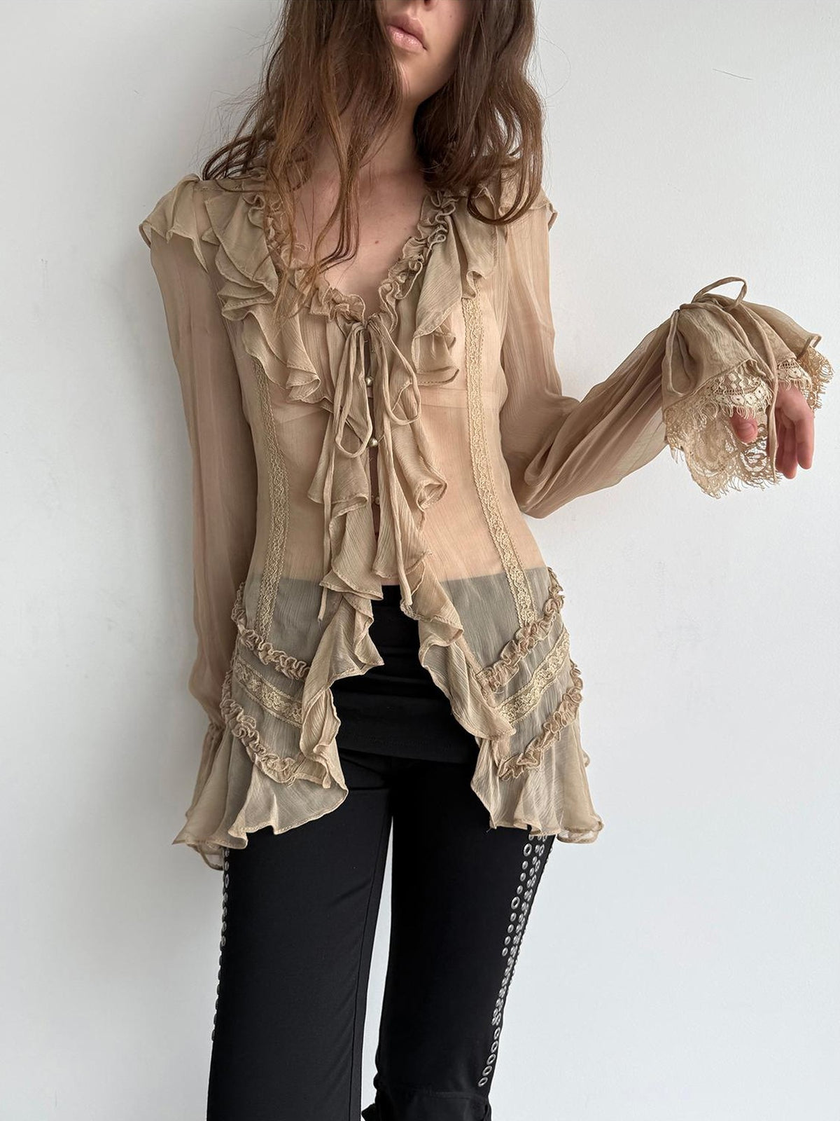 DoublePunch Sheer Ruffled Lace Up Pleated Long Sleeve V-neck Women&
