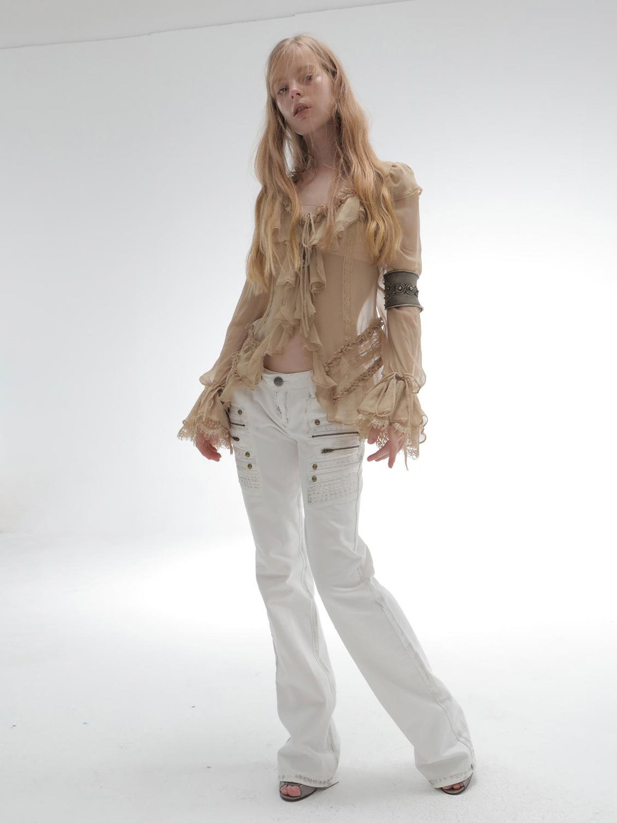 DoublePunch Sheer Ruffled Lace Up Pleated Long Sleeve V-neck Women&