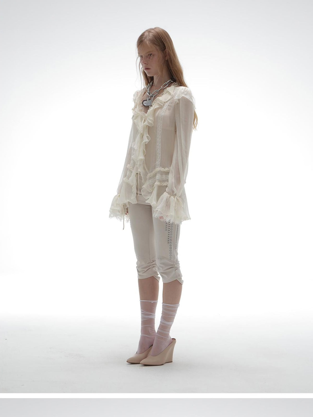 DoublePunch Sheer Ruffled Lace Up Pleated Long Sleeve V-neck Women&