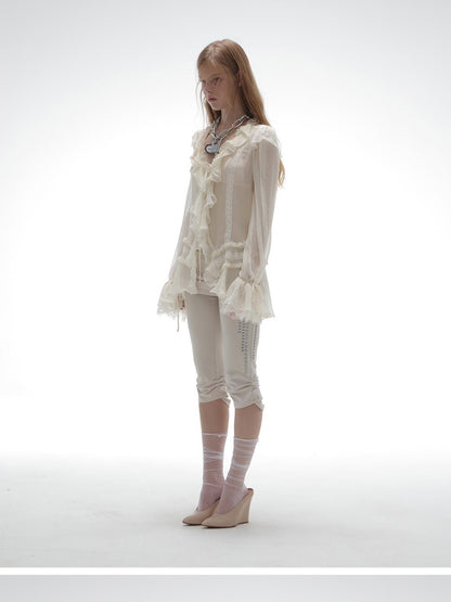 DoublePunch Sheer Ruffled Lace Up Pleated Long Sleeve V-neck Women&