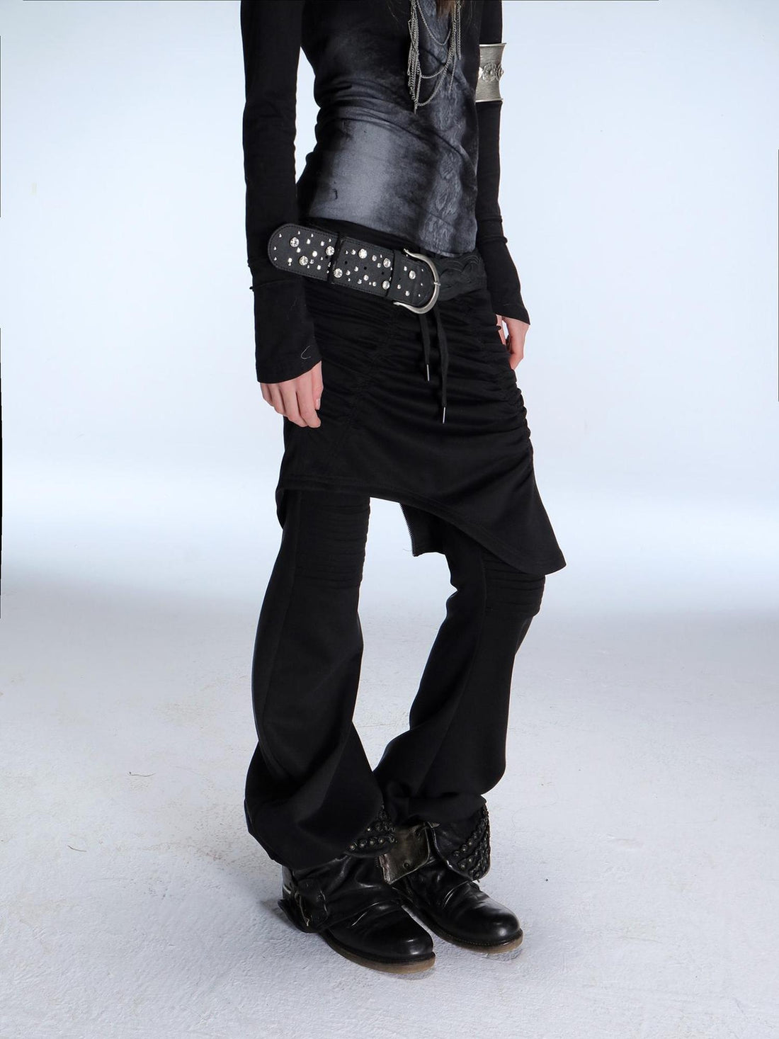 DoublePunch Slim Street Punk Skirted Pleated Tie Straps Natural Waist Women Pants