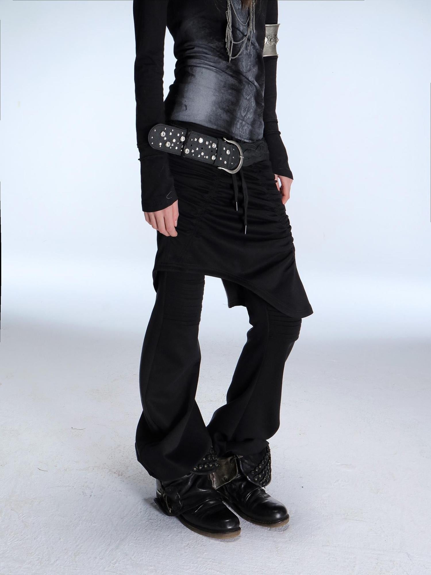 DoublePunch Slim Street Punk Skirted Pleated Tie Straps Natural Waist Women Pants