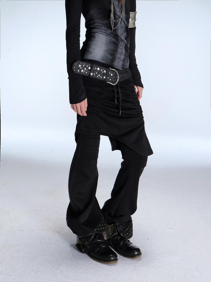 DoublePunch Slim Street Punk Skirted Pleated Tie Straps Natural Waist Women Pants