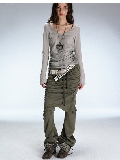 DoublePunch Slim Street Punk Skirted Pleated Tie Straps Natural Waist Women Pants