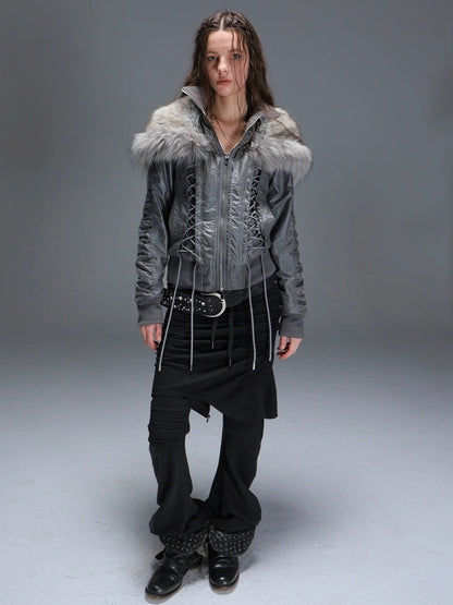 DoublePunch Slim Street Punk Skirted Pleated Tie Straps Natural Waist Women Pants