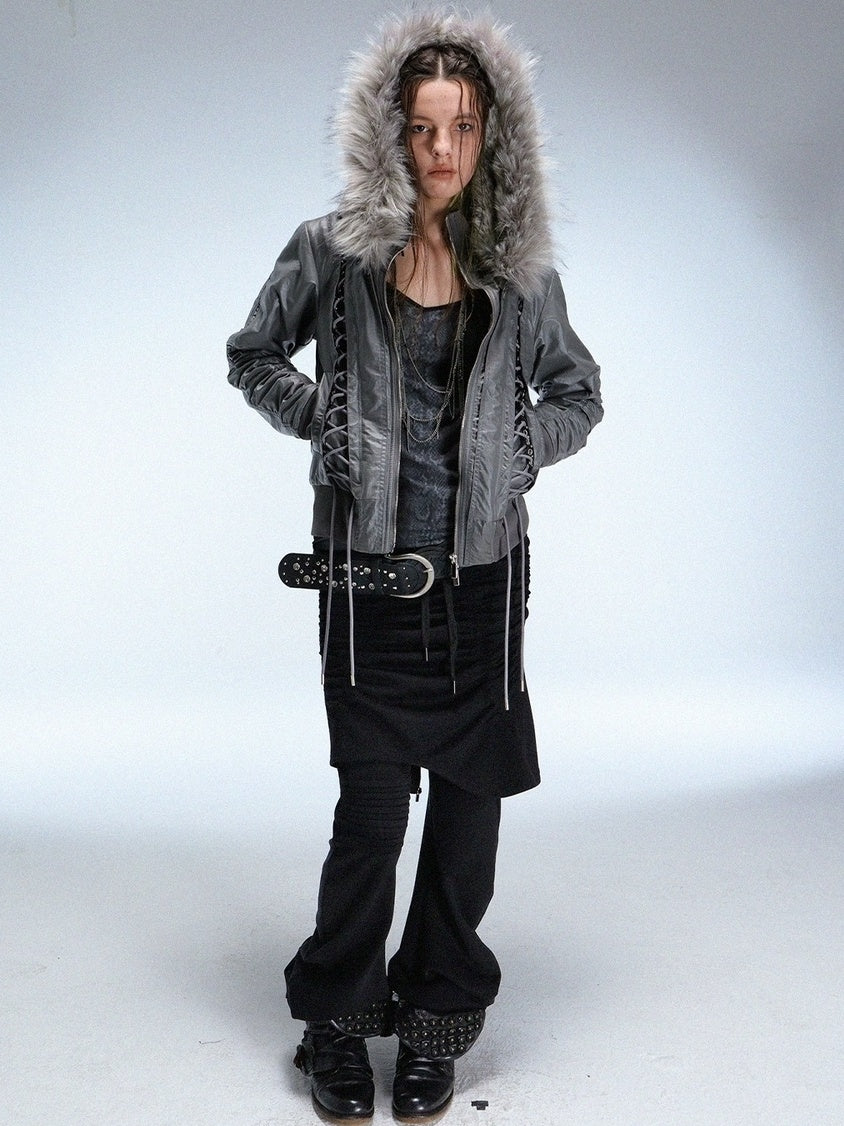 DoublePunch Slim Street Punk Skirted Pleated Tie Straps Natural Waist Women Pants