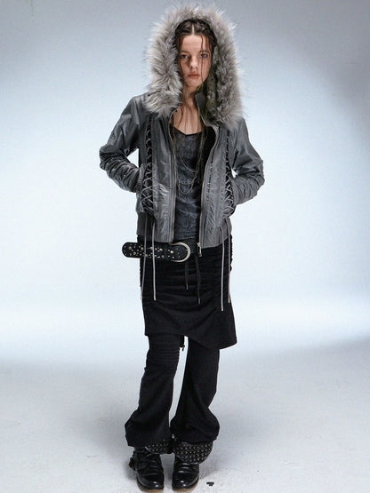 DoublePunch Slim Street Punk Skirted Pleated Tie Straps Natural Waist Women Pants