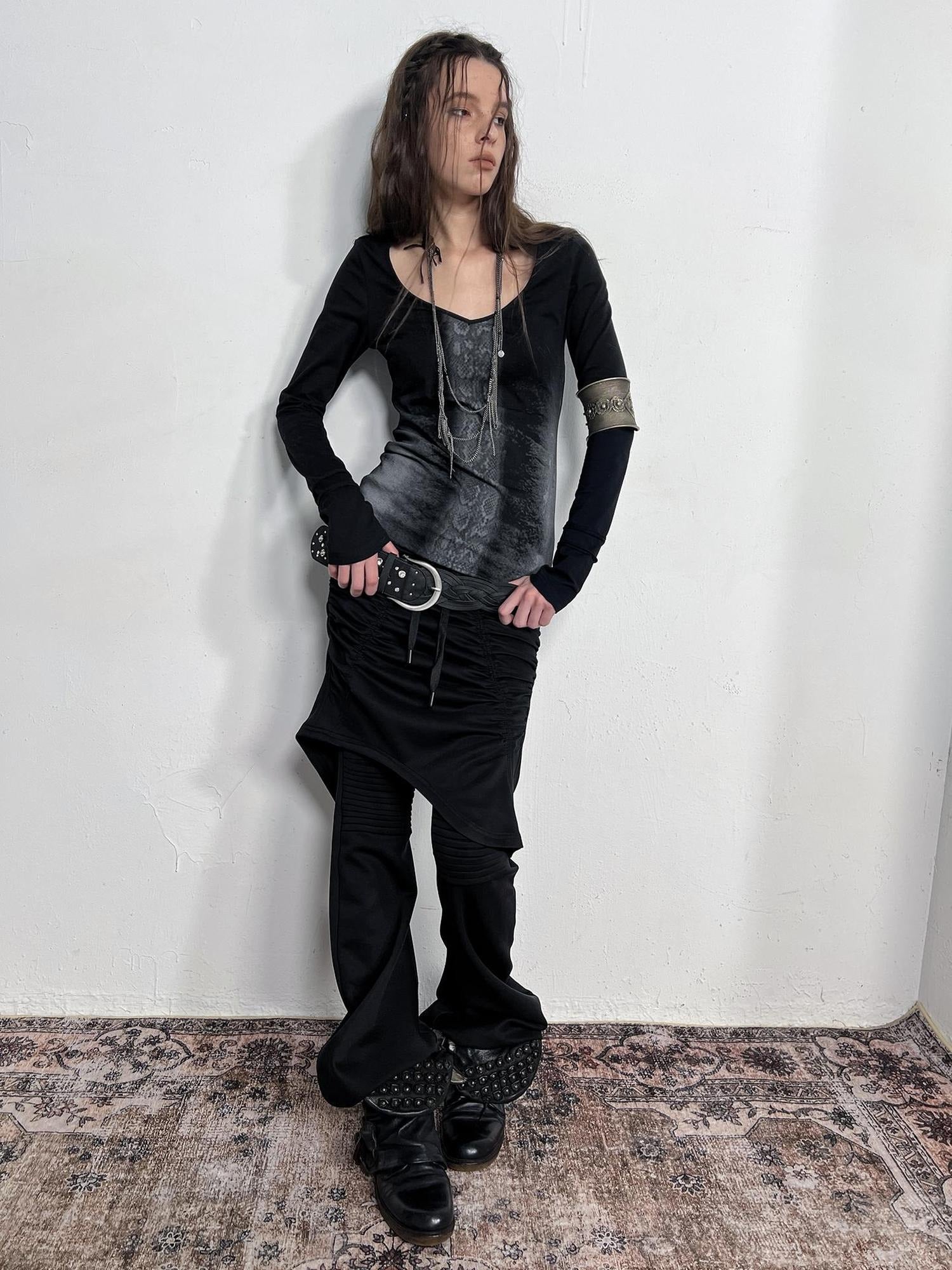 DoublePunch Slim Street Punk Skirted Pleated Tie Straps Natural Waist Women Pants