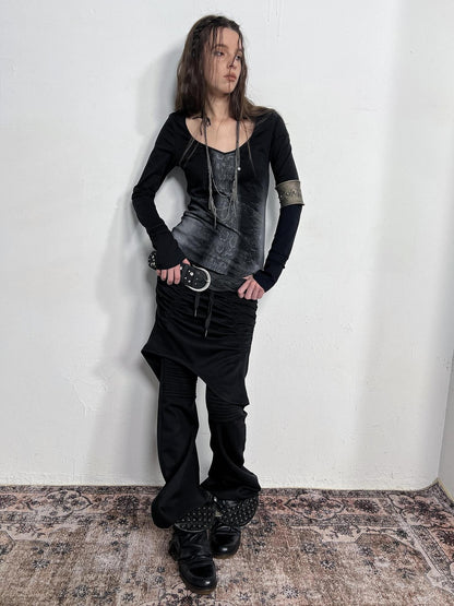 DoublePunch Slim Street Punk Skirted Pleated Tie Straps Natural Waist Women Pants