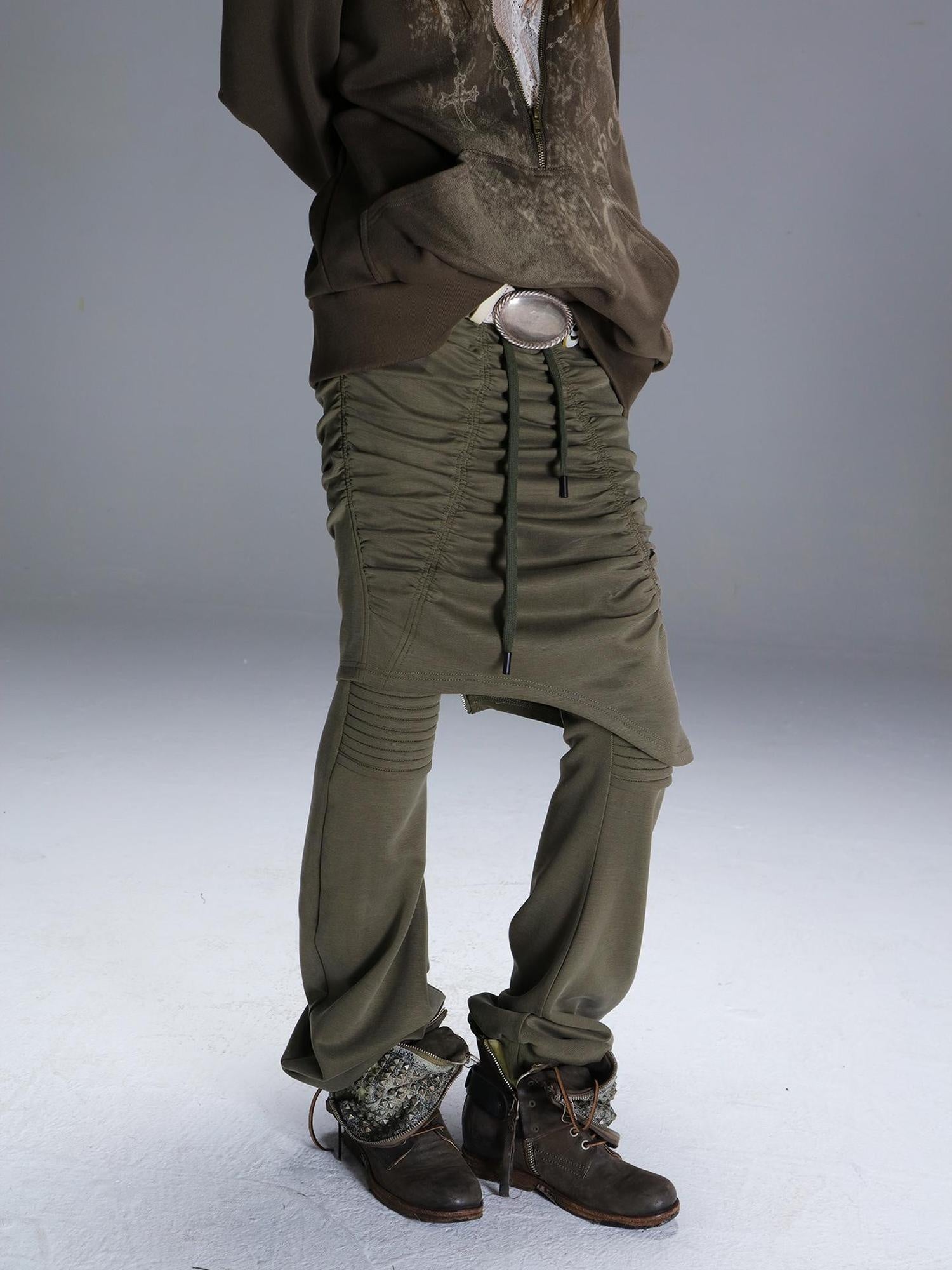 DoublePunch Slim Street Punk Skirted Pleated Tie Straps Natural Waist Women Pants