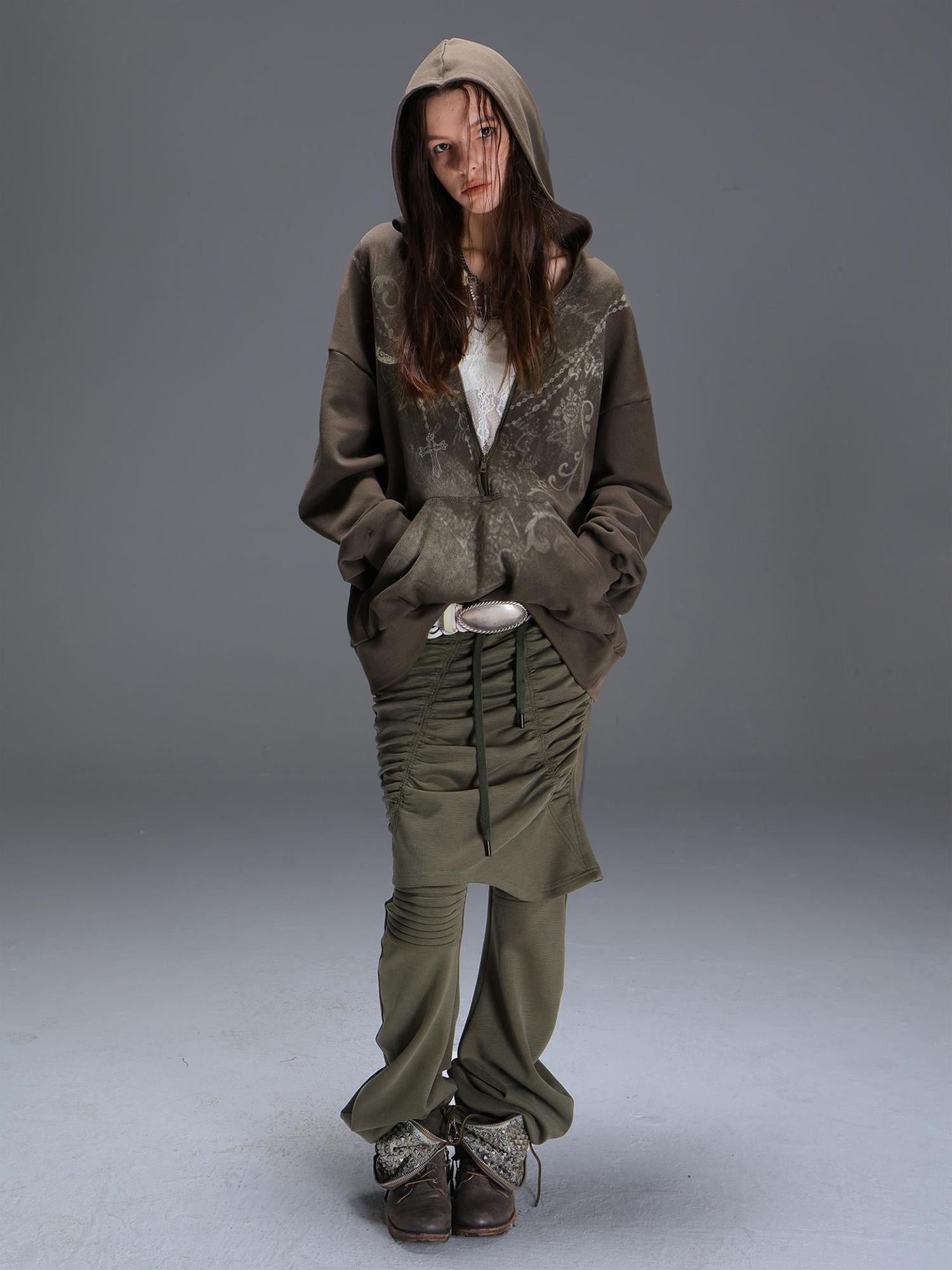 DoublePunch Slim Street Punk Skirted Pleated Tie Straps Natural Waist Women Pants