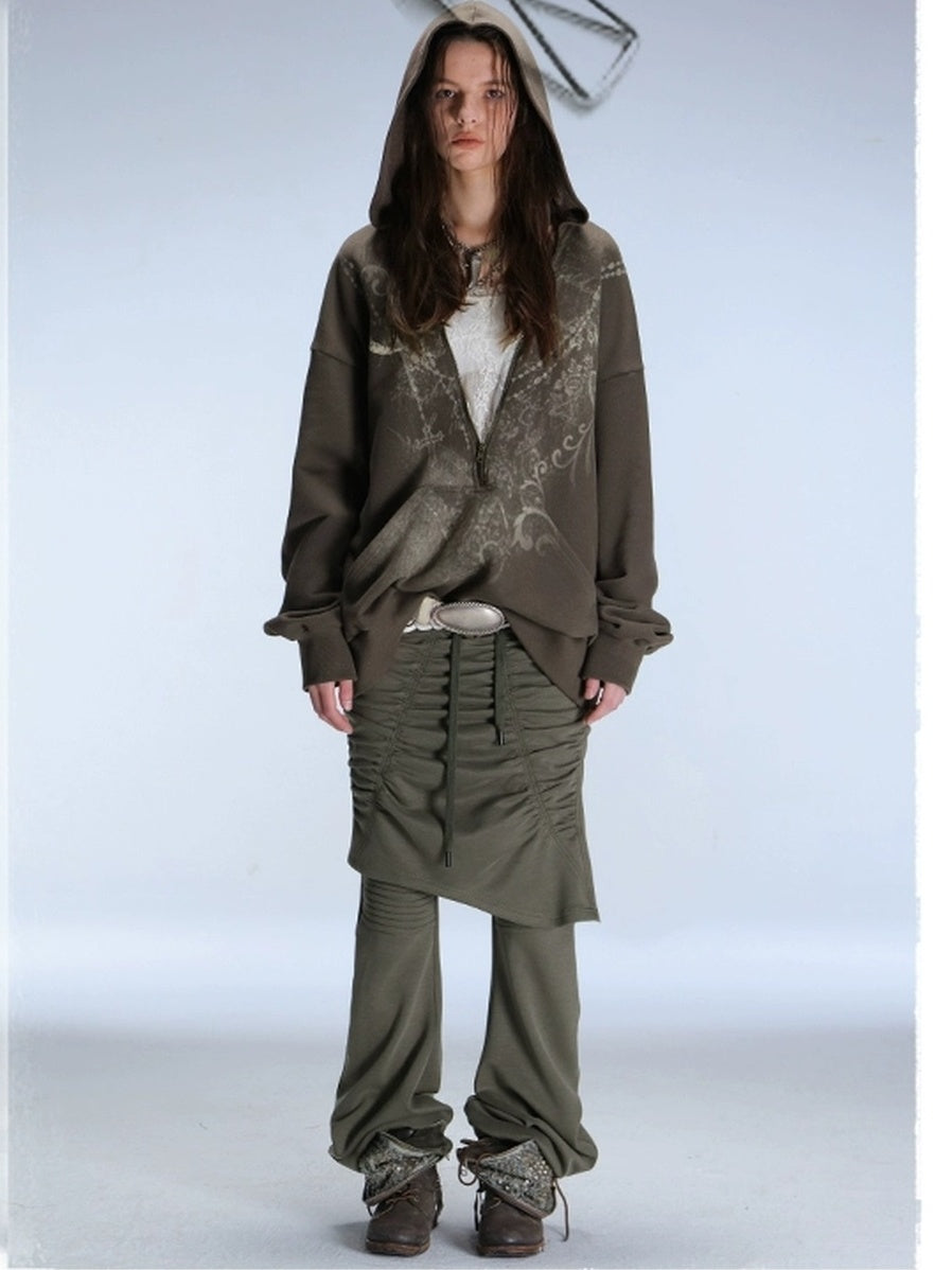 DoublePunch Slim Street Punk Skirted Pleated Tie Straps Natural Waist Women Pants