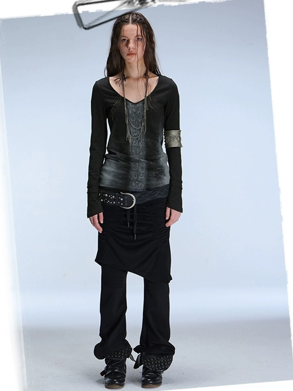 DoublePunch Slim Street Punk Skirted Pleated Tie Straps Natural Waist Women Pants