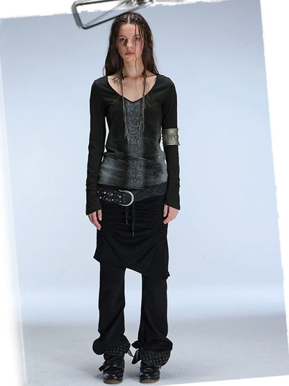 DoublePunch Slim Street Punk Skirted Pleated Tie Straps Natural Waist Women Pants