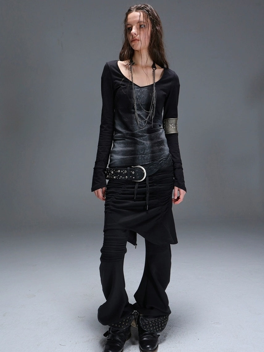 DoublePunch Slim Street Punk Skirted Pleated Tie Straps Natural Waist Women Pants