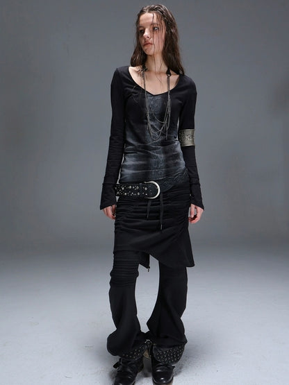 DoublePunch Slim Street Punk Skirted Pleated Tie Straps Natural Waist Women Pants