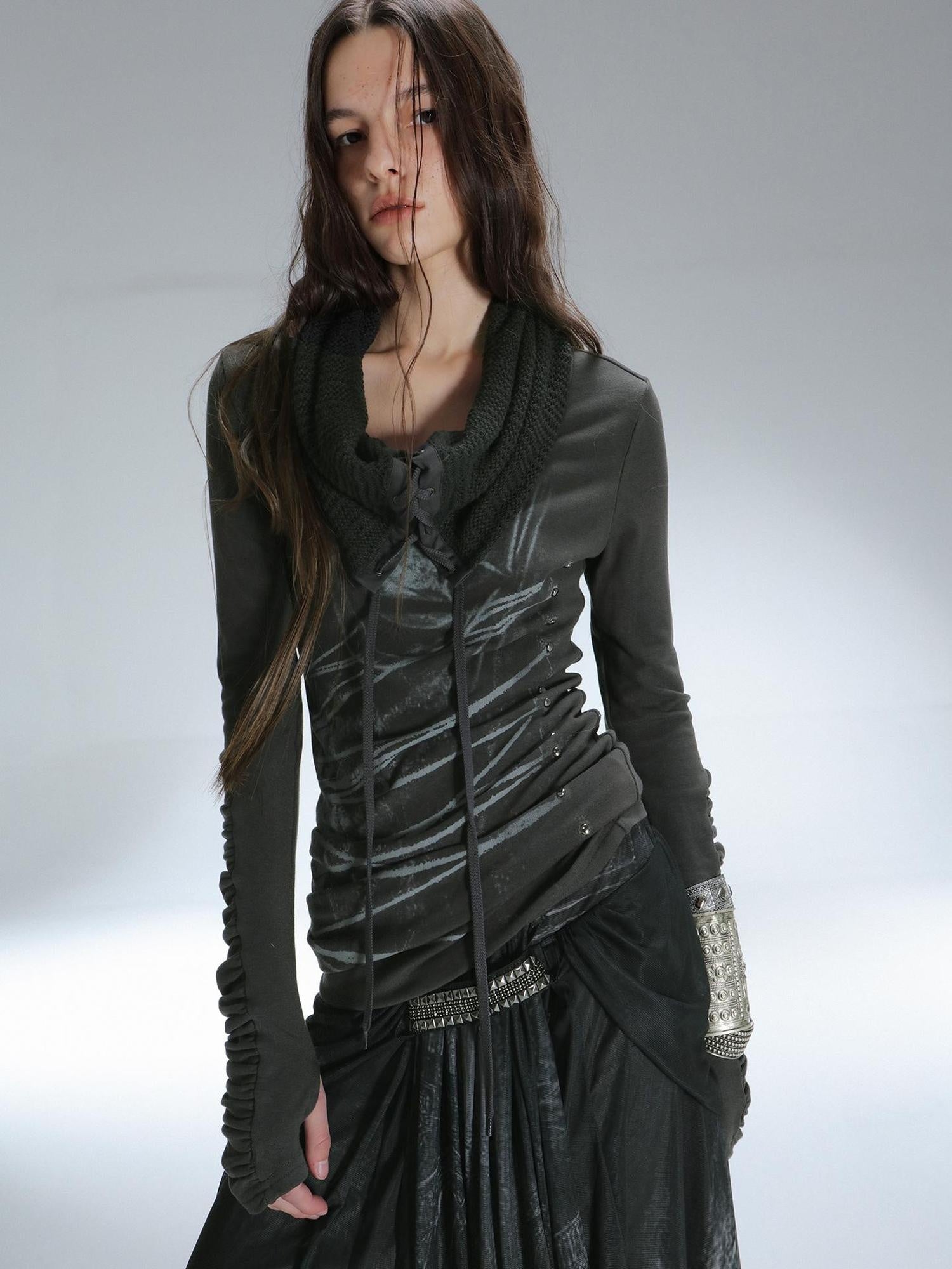 DoublePunch Soft Breathable Cotton Slim Fit Cowl Neck Tie Print Women Long Sleeve T-Shirt